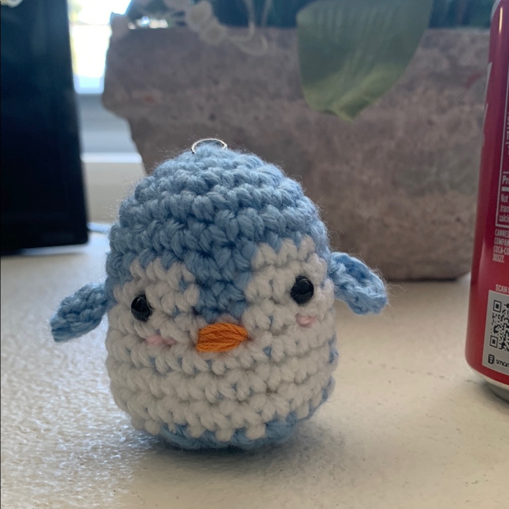 Blue and White Crocheted Penguin Toy